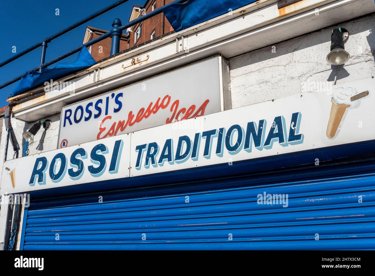 Vintage Rossi ice cream shop sign in Southend on Sea, Essex, UK. Seaside seafront. Traditional