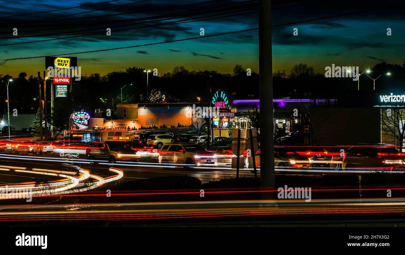 NORWALK, CT, USA NOVEMBER 24, 2021 Sunset over busy Route 1 or