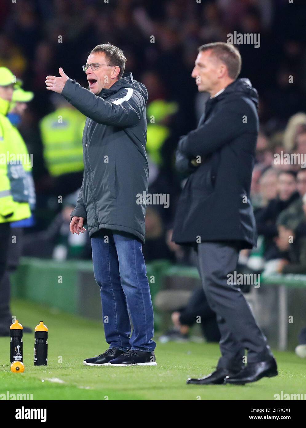 Leipzig manager Ralf Rangnick (left) during the UEFA Europa League, Group B match at Celtic Park, Glasgow. Picture date: Thursday November 8, 2018. See PA story SOCCER Celtic. Photo credit should read: Jane Barlow/PA Wire Stock Photo