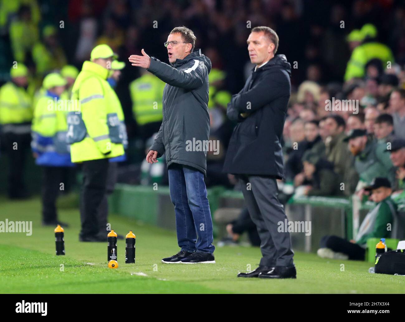 Leipzig manager Ralf Rangnick (left) during the UEFA Europa League, Group B match at Celtic Park, Glasgow. Picture date: Thursday November 8, 2018. See PA story SOCCER Celtic. Photo credit should read: Jane Barlow/PA Wire Stock Photo