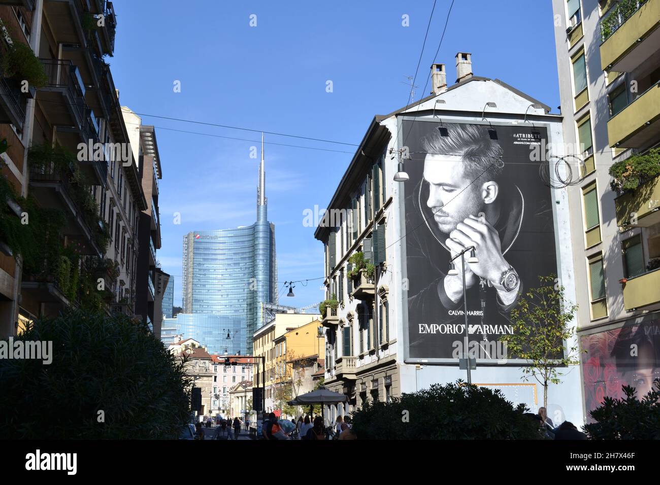 Milan, Italy - September 25, 2015: Corso Garibaldi in Milan, Porta Garibaldi City Gate, Unicredit Skyscraper and Giorgio Armani Advertising Panel. Stock Photo