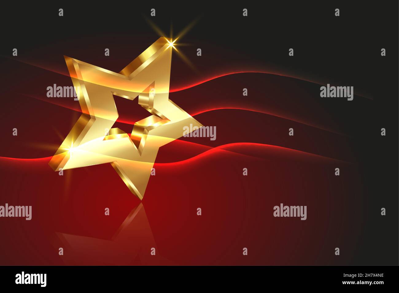 Golden star prize concept, 3D gold logo icon with light effect, vector illustration isolated on dark red background Stock Vector