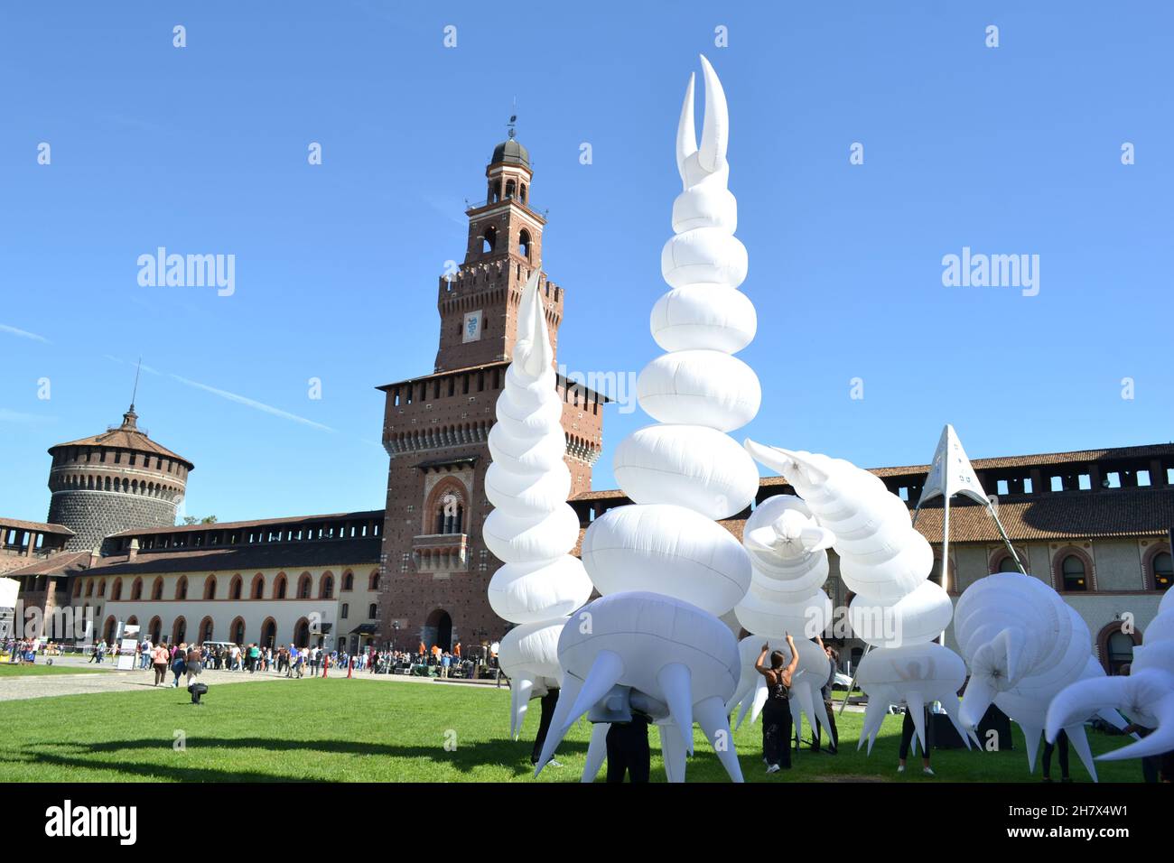 Milan, Italy - September 25, 2015: Participants of the Strà Festival of the Street Arts are Preparing Their Flying Giant Paper Caterpillar Models. Stock Photo