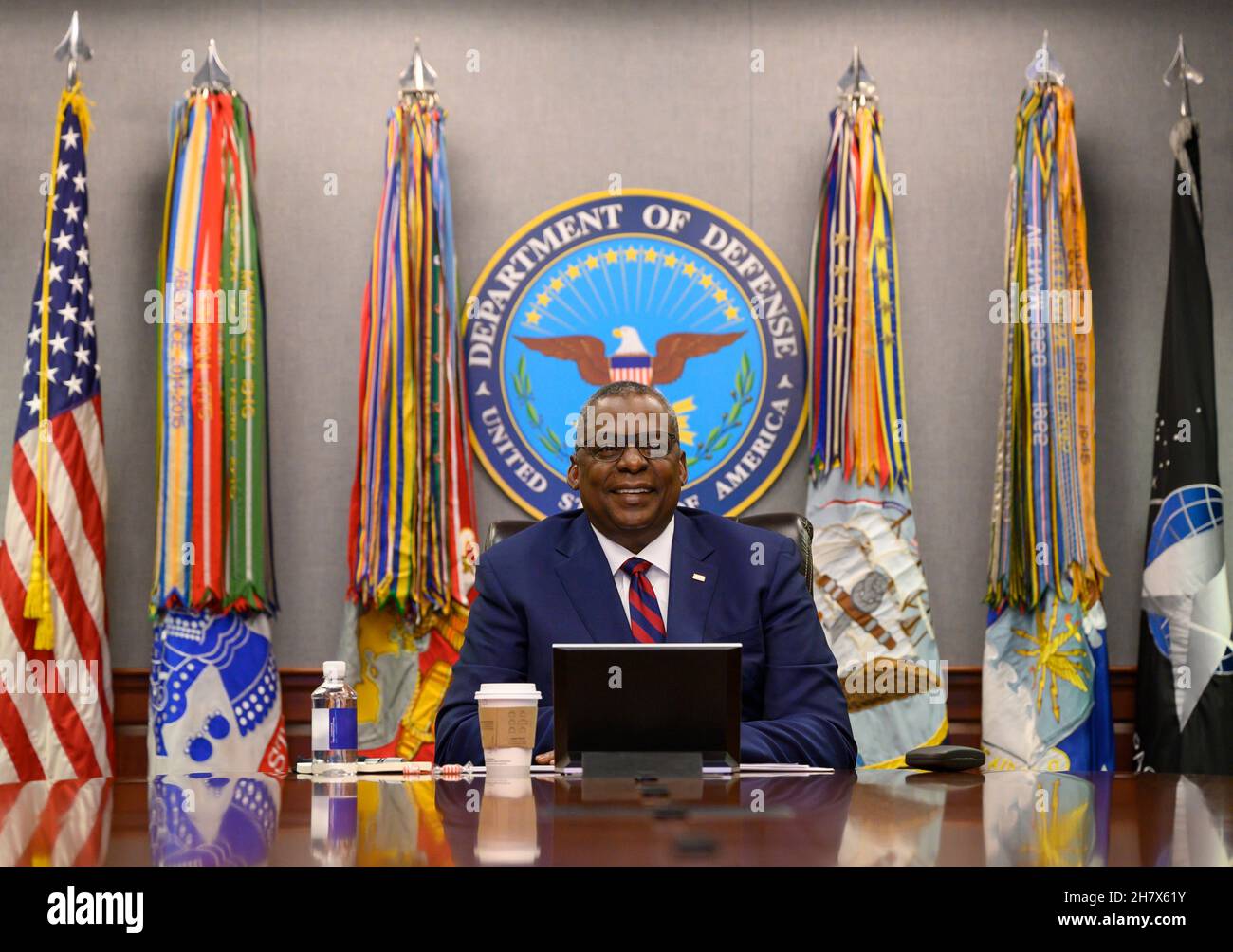 Arlington, USA. 24th Nov, 2021. Arlington, USA. 24 November, 2021. U.S. Secretary of Defense Lloyd J. Austin III, speaks with service members with the 111th Engineer Brigade, deployed to Camp Buehring, Kuwait during a virtual Thanksgiving event from the Pentagon, November 24, 2021 in Arlington, Virginia. Credit: SSgt. Brittany Chase/DOD/Alamy Live News Stock Photo