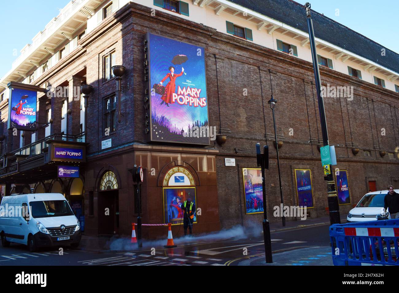 London, UK. 25th Nov, 2021.The Prince Edward Theatre, West End theatre on Old Compton Street Mary Poppins in Soho gets a steam clean. West End busy day before Black Friday. Credit: JOHNNY ARMSTEAD/Alamy Live News Stock Photo