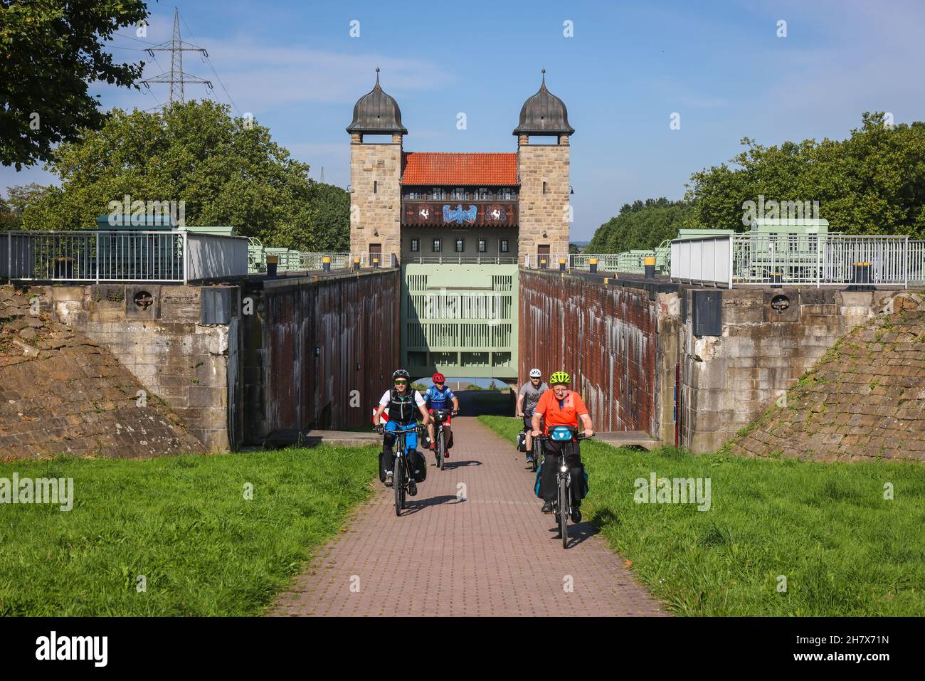 Waltrop, North Rhine-Westphalia, Germany - Ship lift and lock park Waltrop. Here the disused Old Shaft Lock is now used as a pedestrian and bicycle pa Stock Photo