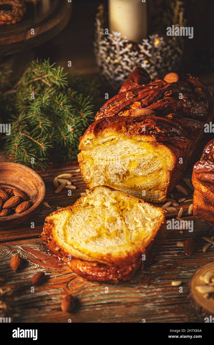 Sweet bread babka with vanilla fillings for Christmas holidays Stock