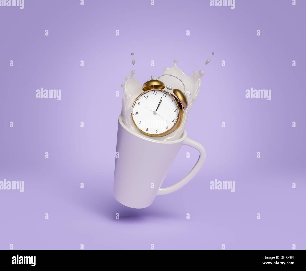 alarm clock falling into a cup of milk splashing. 3d rendering Stock