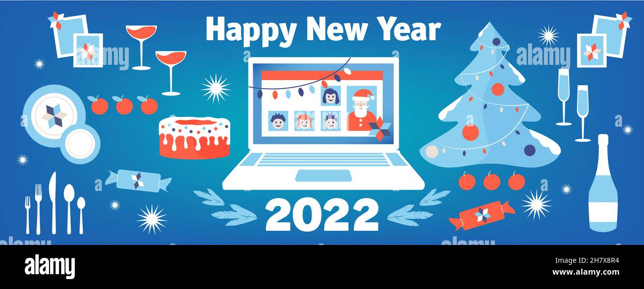 2022 New Year Facebook cover, Online chat with Santa, vector Illustration set. Web page, laptop, notebook, Christmas card. Stock Photo