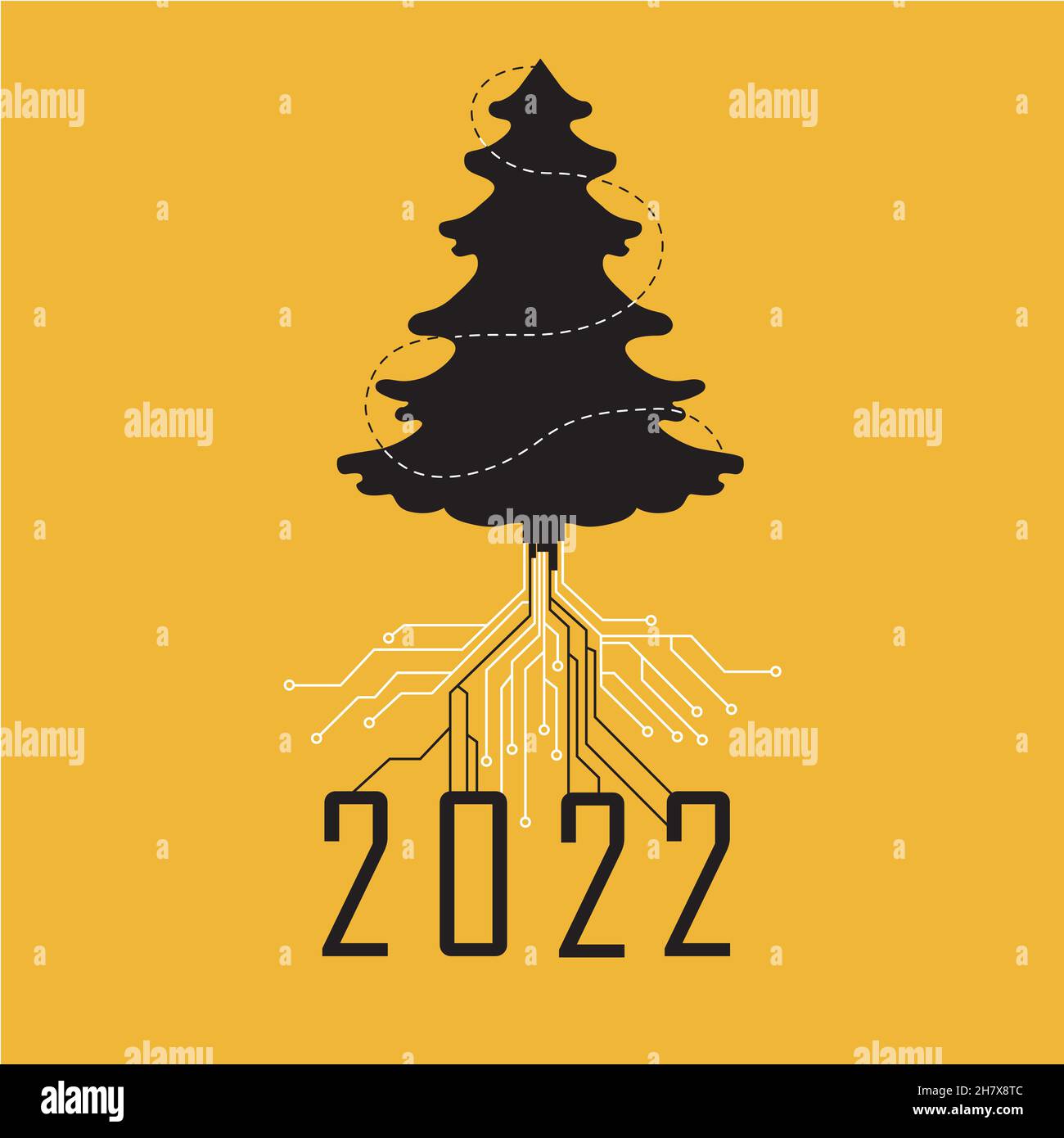 Digital New Year 2022, Christmas tree with roots from computer board on yellow background, vector illustration. Concept for card, banner, mail, for th Stock Photo