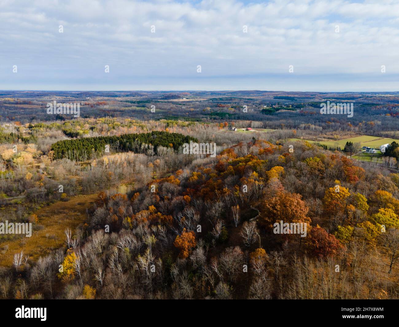 Aerial photograph of Dundee Mountain on an overcast autumn morning. Dundee, Wisconsin, USA. Stock Photo