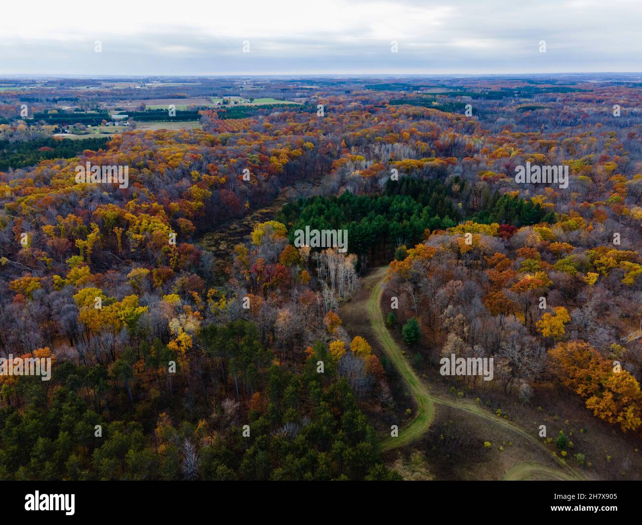 Aerial photograph of Parnell Esker and the Kettle Moraine State Forest on an overcast autumn morning. Dundee, Wisconsin, USA. Stock Photo