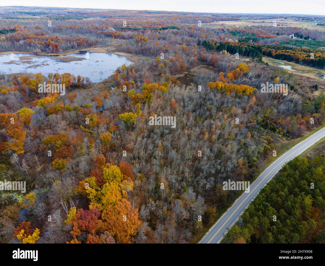 Aerial photograph of Parnell Esker on an overcast autumn morning. Dundee, Wisconsin, USA. Stock Photo