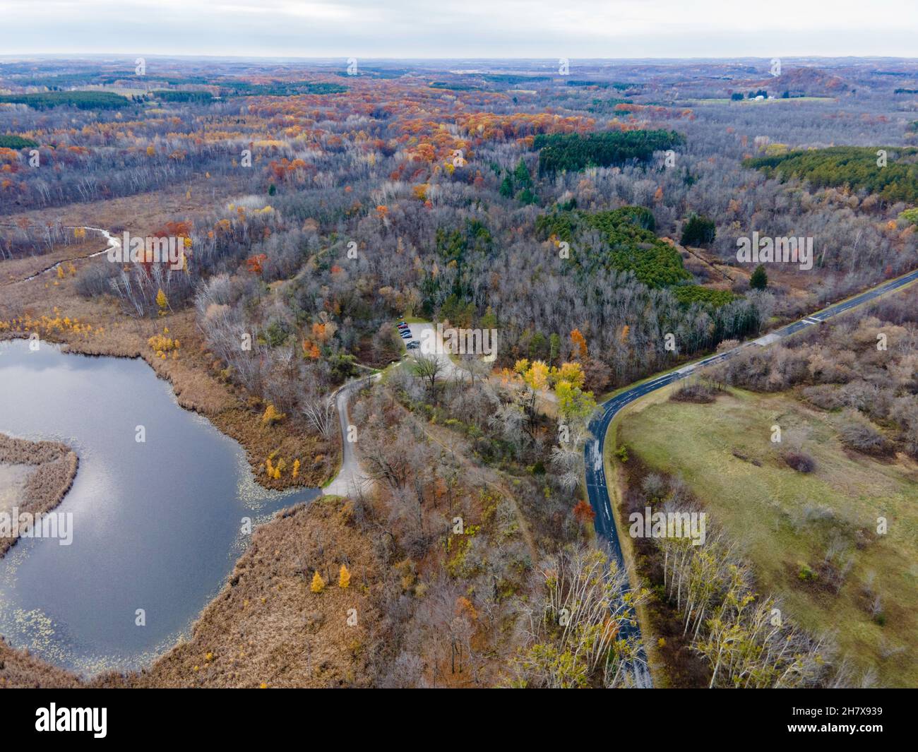 Aerial photograph of Butler Lake on an overcast autumn morning. Dundee, Wisconsin, USA. Stock Photo