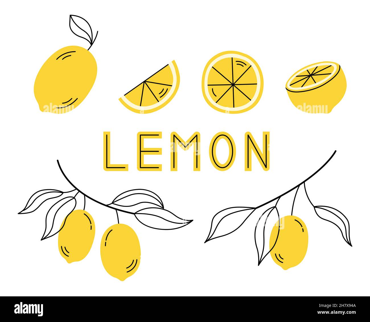 Set of fresh lemon fruits with leaves. Vector illustration isolated on ...