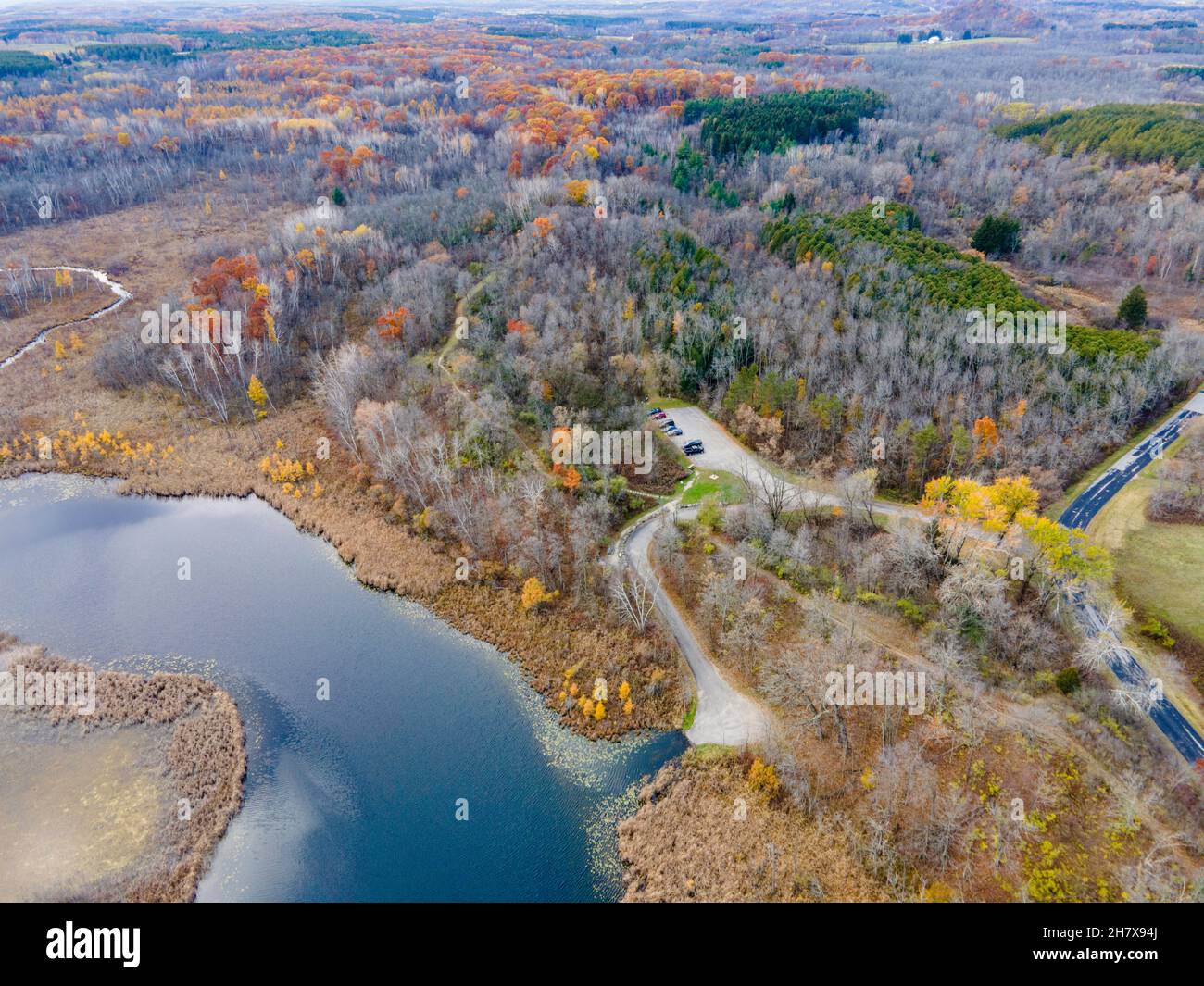 Aerial photograph of Butler Lake on an overcast autumn morning. Dundee, Wisconsin, USA. Stock Photo