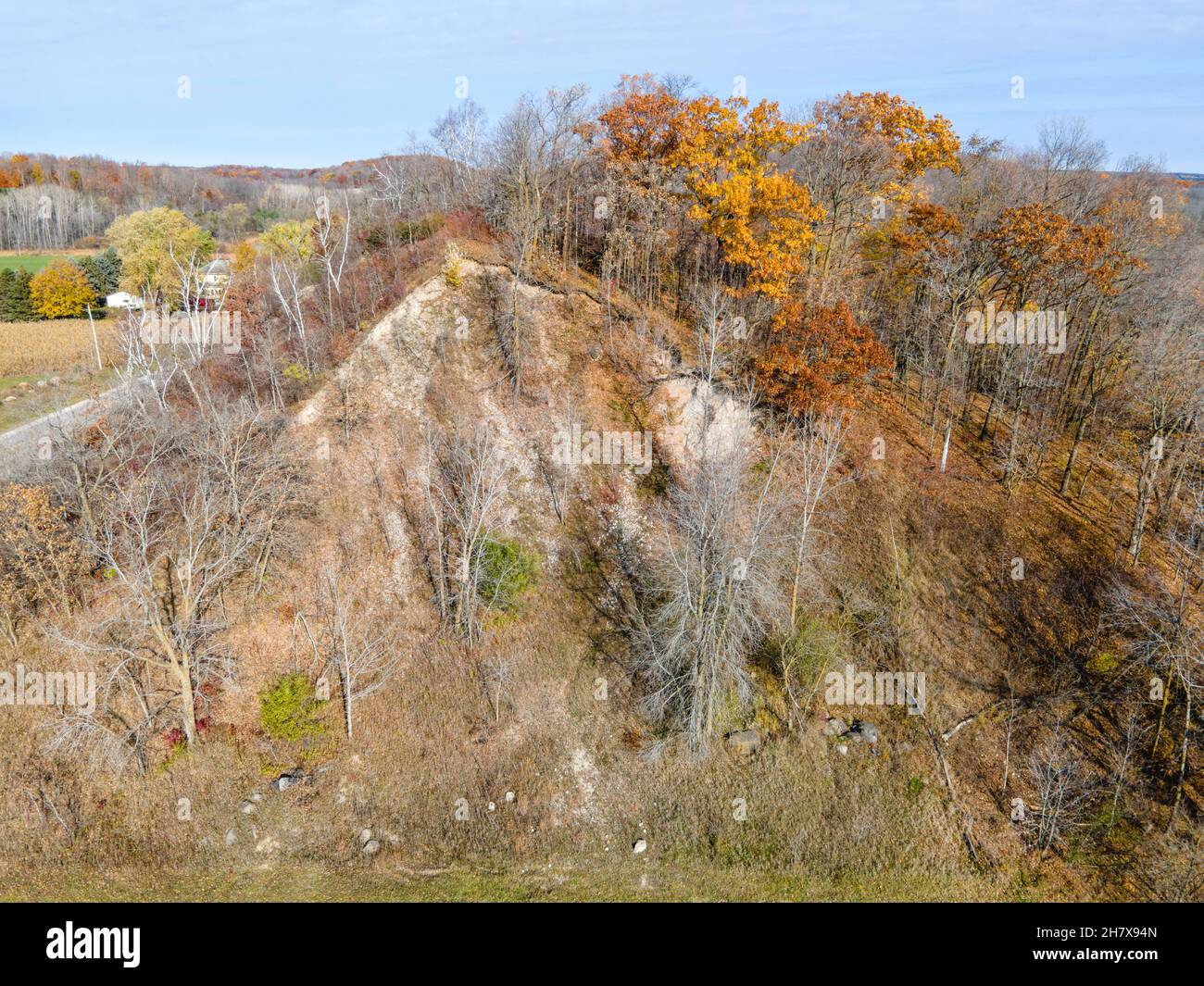 Aerial photograph of Garriety Hill, a glacial kame, on an overcast autumn morning. Dundee, Wisconsin, USA. Stock Photo