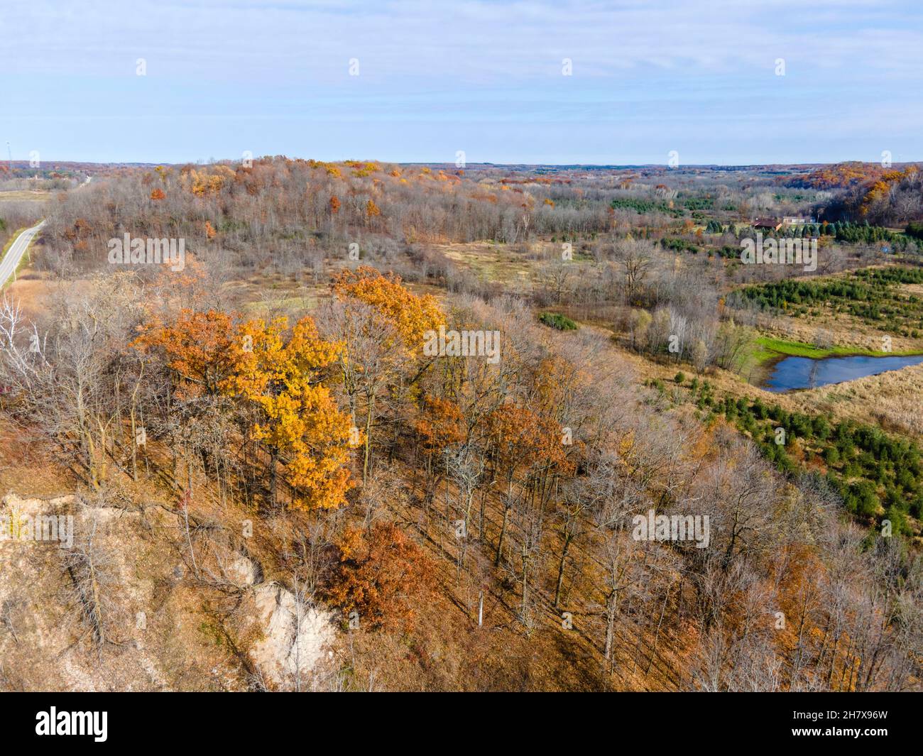 Aerial photograph of Garriety Hill (lower left), a glacial kame, on an overcast autumn morning. Dundee, Wisconsin, USA. Stock Photo