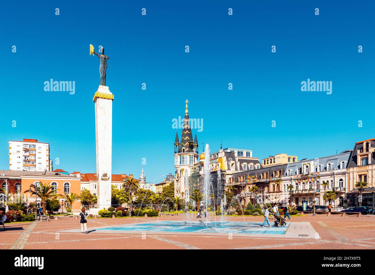 Batumi, Georgia - May 03, 2021 - Medea Square with a fountain and astronomical clock. Stock Photo