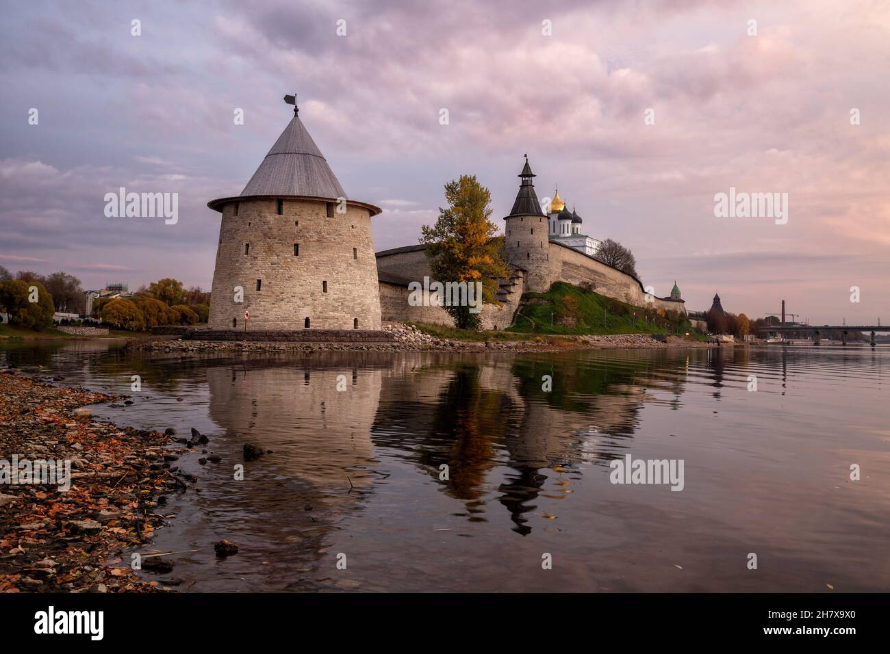 Iconic classic view of the Pskov Kremlin at sunset at twilight Stock Photo