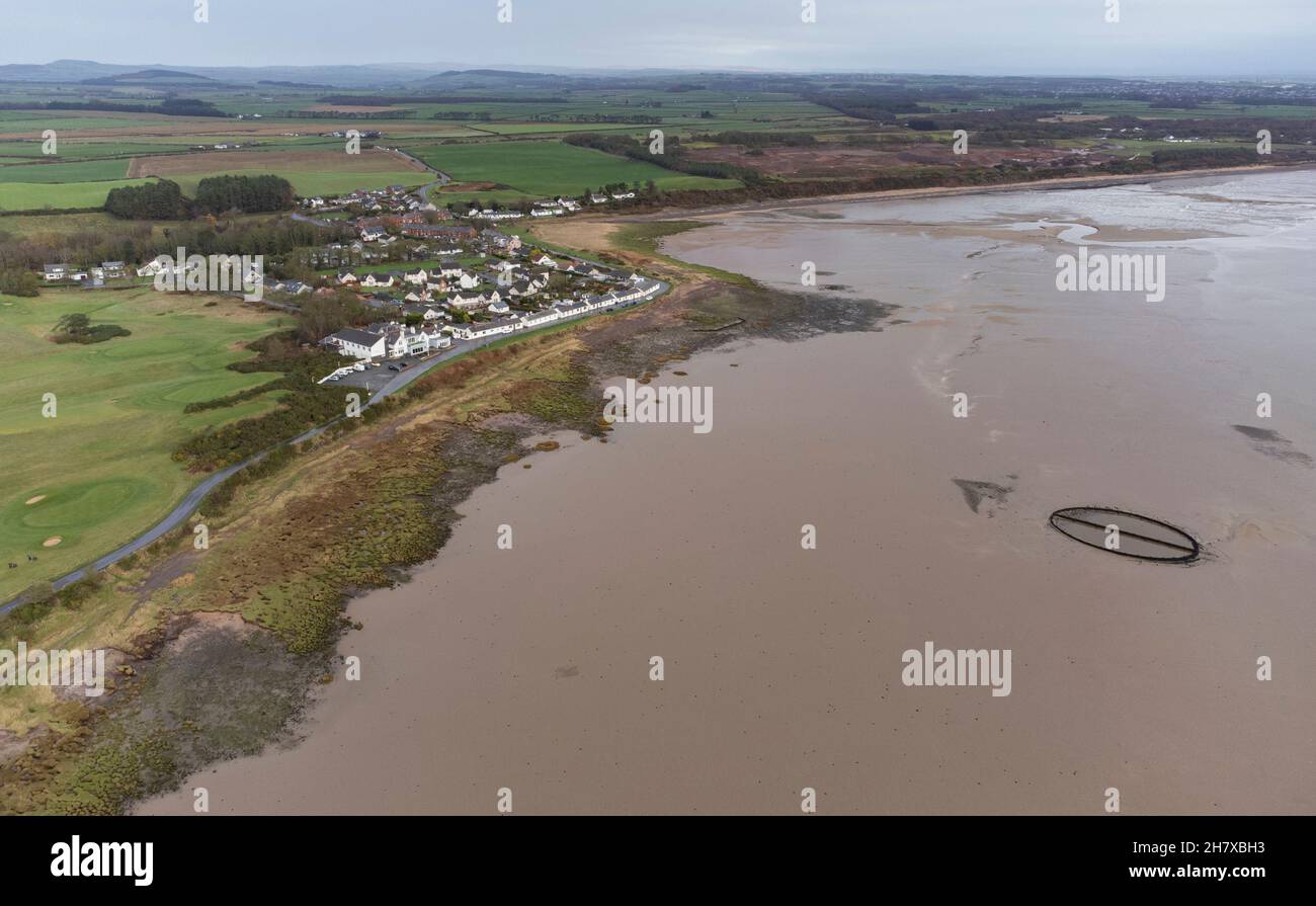 An aerial view of the famous Victorian swimming pool which fills at high tide located on the beach at Powfoot, Dumfries and Galloway, Scotland. Stock Photo