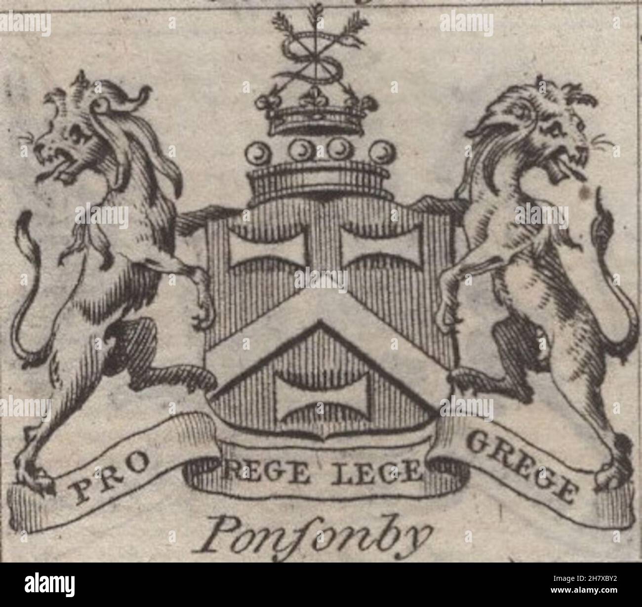 antique 18th century engraving heraldy coats of arms, English Barons, Motto / slogan: Pro Rege Lege Grege. Ponsonby. by Woodman & Mutlow fc russel co circa 1780s Source: original engravings from  the annual almanach book. Stock Photo