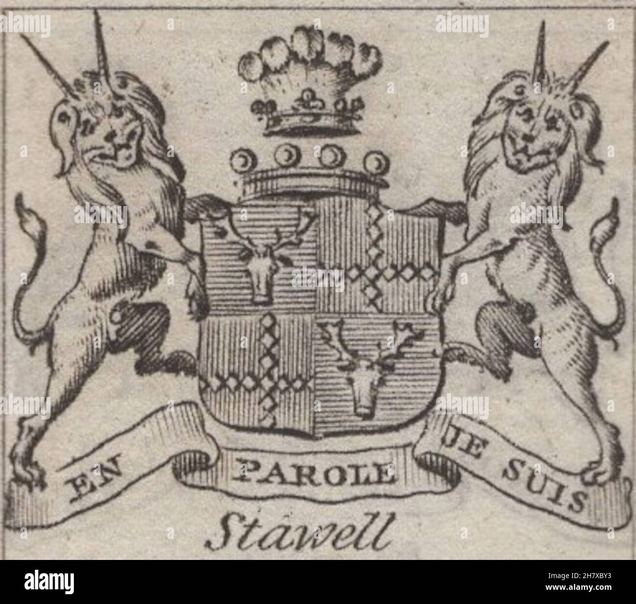 antique 18th century engraving heraldy coats of arms, English Barons, Motto / slogan:En Parole Je Suis. Stawell. by Woodman & Mutlow fc russel co circa 1780s Source: original engravings from  the annual almanach book. Stock Photo