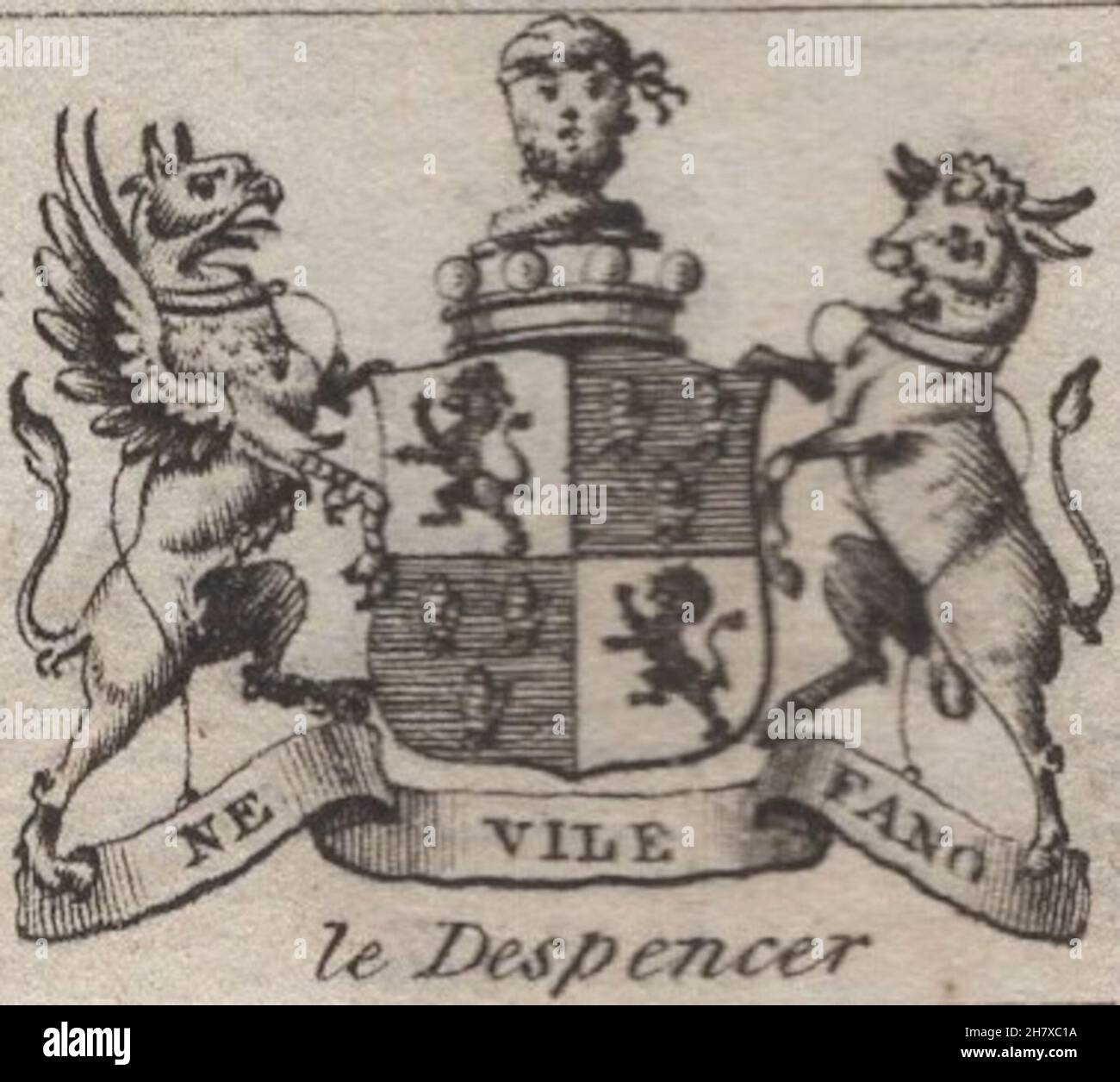 antique 18th century engraving heraldy coats of arms, English barons, Ne vile Fano, le Despencer. from Woodman & Mutlow fc russel co circa 1780s Source: original engravings from  the annual almanach book. Stock Photo