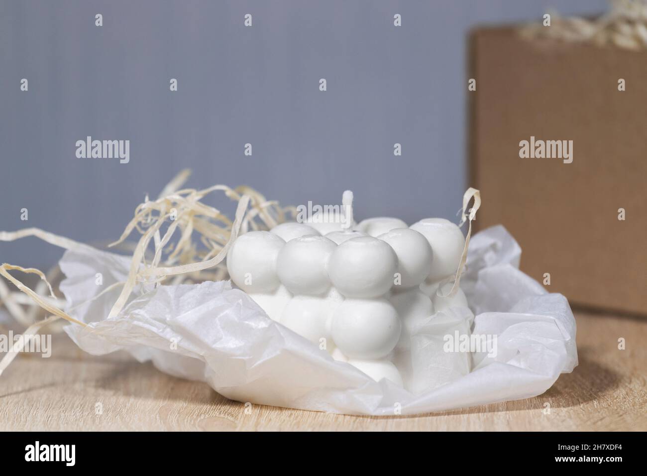 Trendy Soy Wax Cube Bubble Candle on light background, Interior object