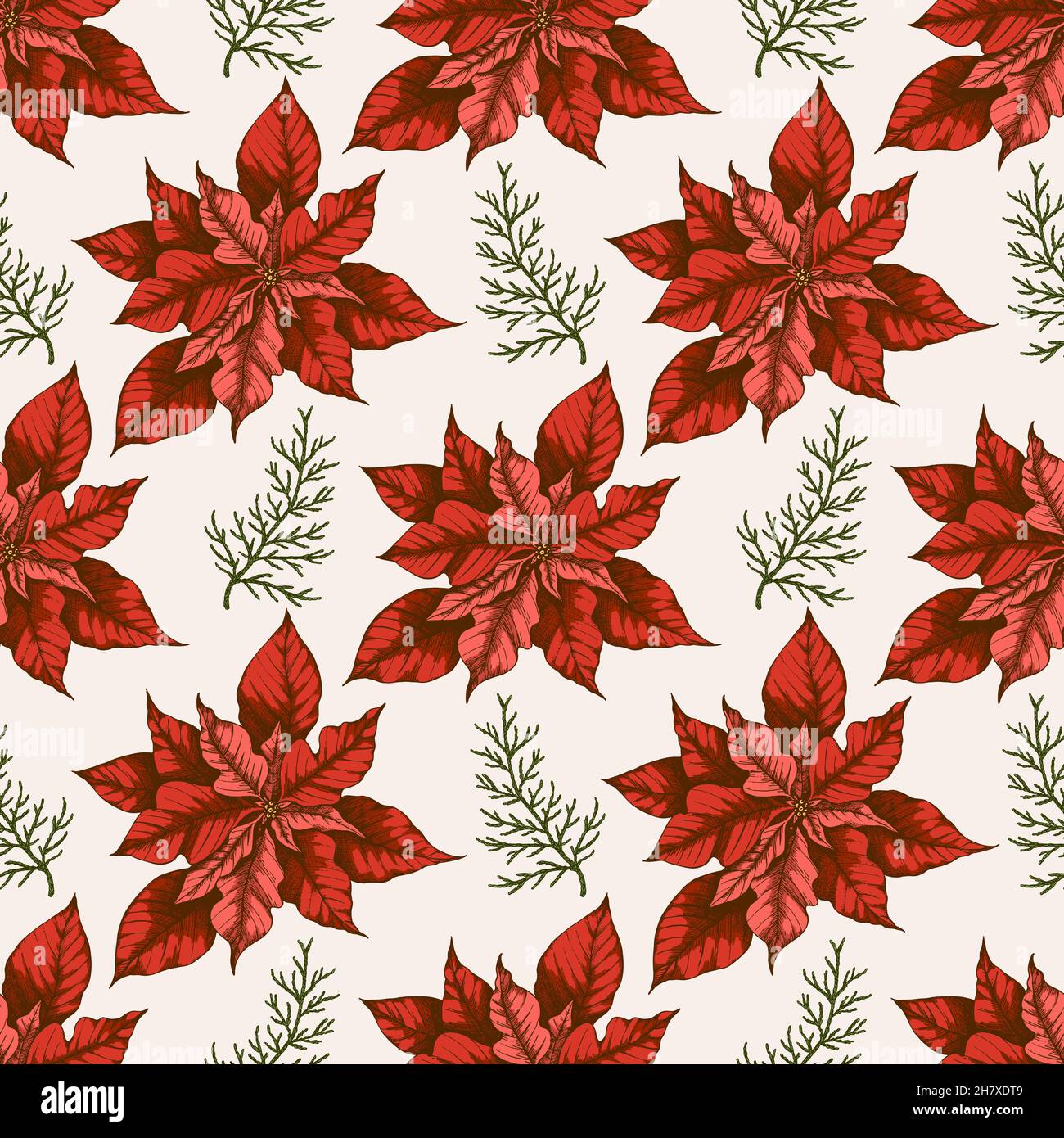 Beautiful Christmas seamless pattern with poinsettia flowers, red