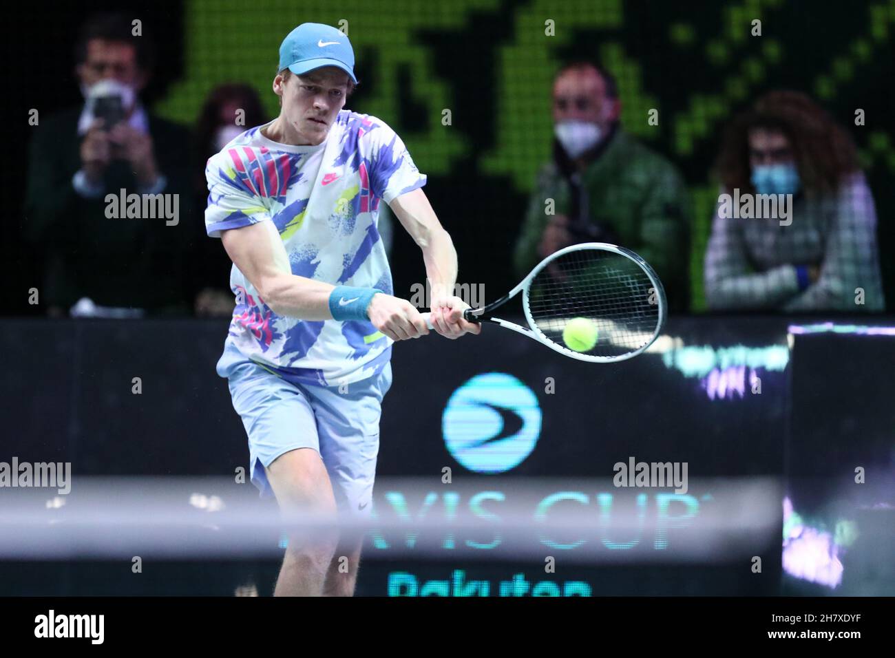 Turin, Italy. 25th Nov, 2021. Jannik Sinner of Italy  in action during training session on the eve of Davis Cup match between USA and Italy  at Pala Alpitour on November 25, 2021 in Turin, Italy . Credit: Marco Canoniero/Alamy Live News Stock Photo