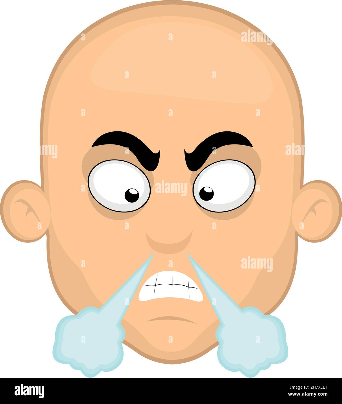Vector emoticon illustration of a cartoon bald man's face with an angry expression and fuming from his nose Stock Vector