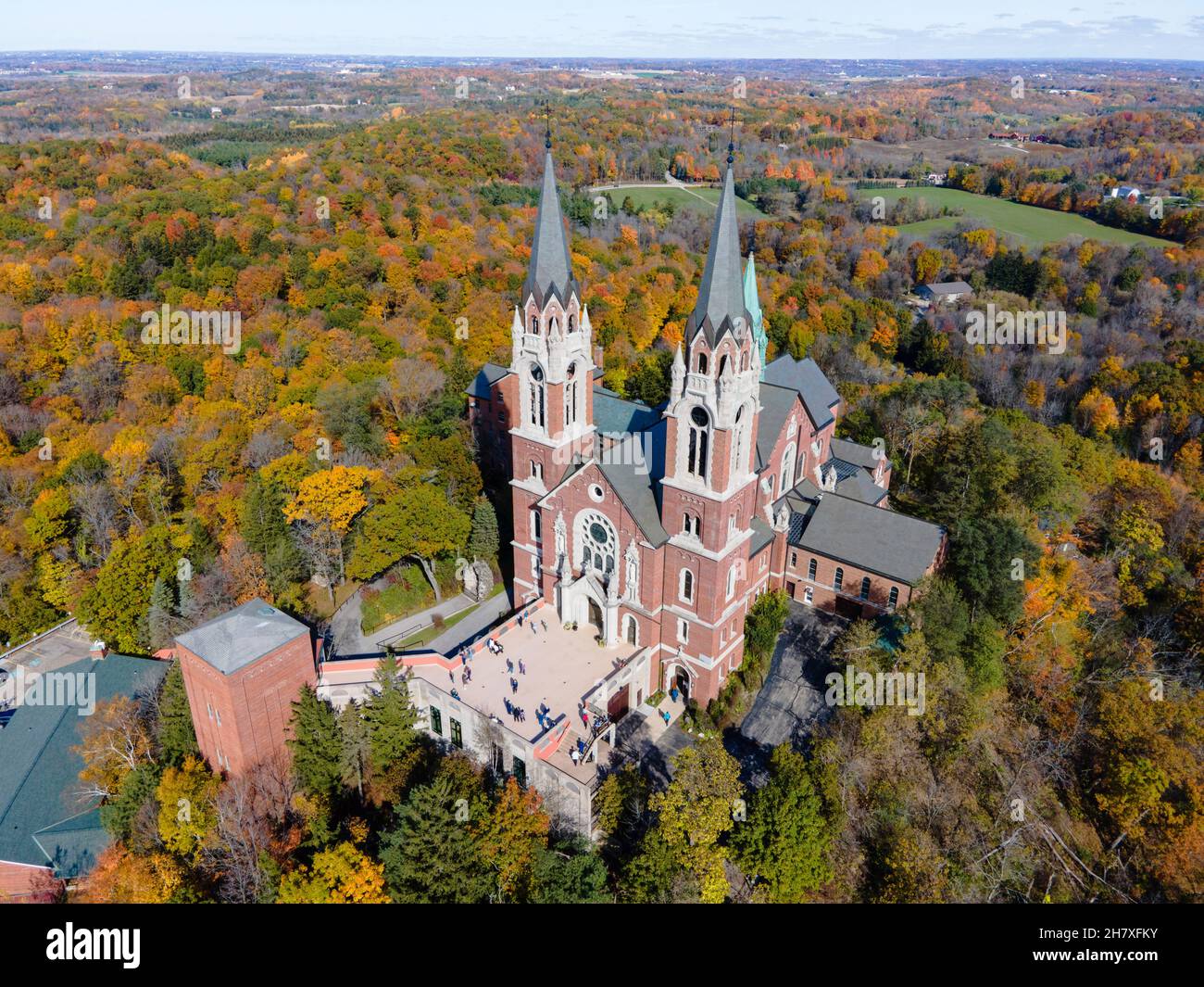 Aerial view of Holy Hill Basilica and National Shrine of Mary, on a ...