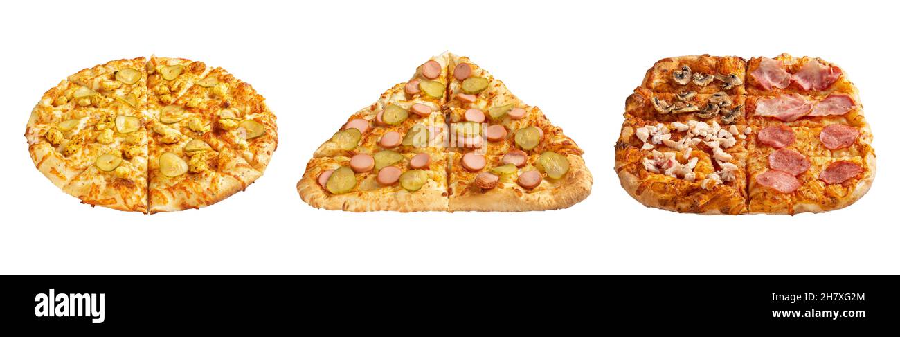 Three pizzas in the shape of a circle, triangle and square based on the famous TV series The Squid Game. Isolated on white. Side view. Stock Photo