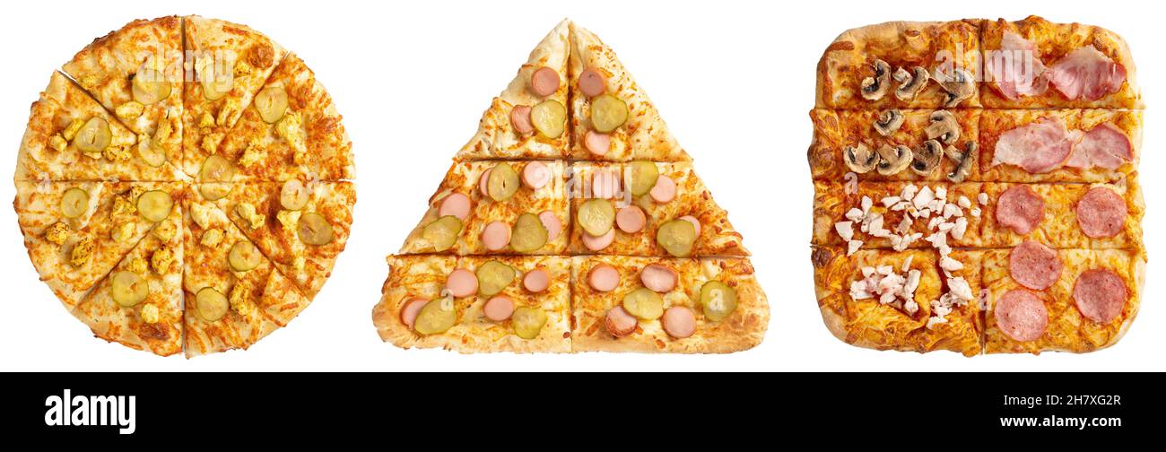 Three pizzas in the shape of a circle, triangle and square based on the famous TV series The Squid Game. Isolated on white. Top view. Stock Photo