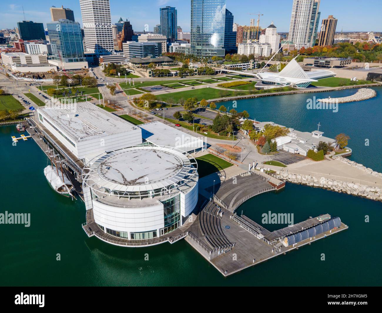 Aerial view of the Milwaukee Harbor and Discovery World; Milwaukee