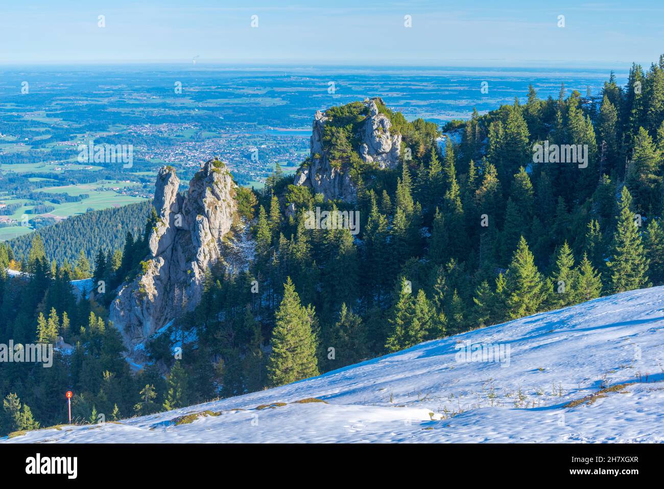 Kampenwand mountains at about  1500m asl with panoramic views, cable car from Aschau, Chiemgauer Alps, Upper Bavaria Southern Germany, Europe Stock Photo