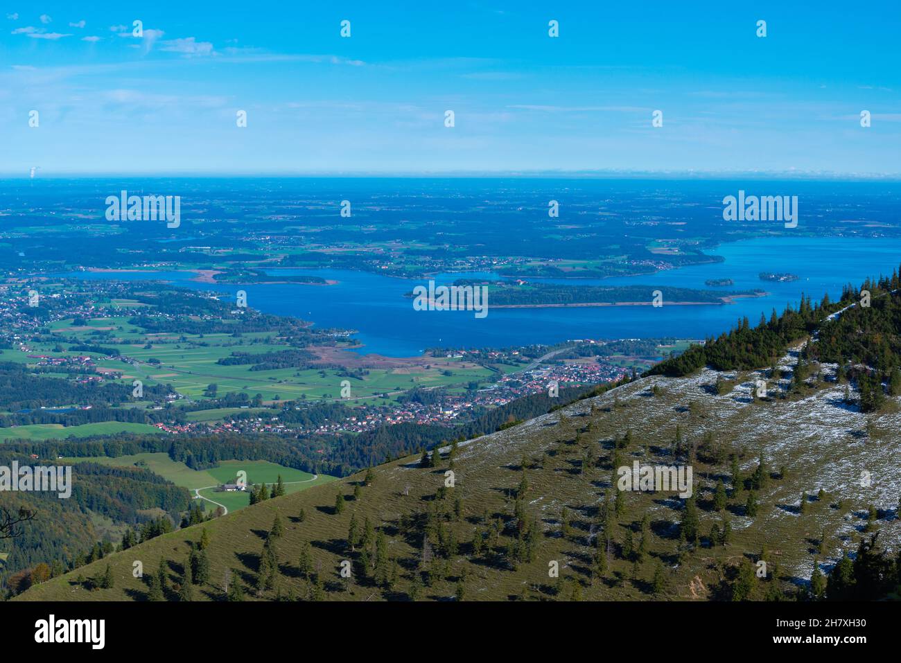 Kampenwand mountains at about  1500m asl with panoramic views, aerial view of Lake Chiemsee, Chiemgauer Alps, Upper Bavaria Southern Germany, Europe Stock Photo