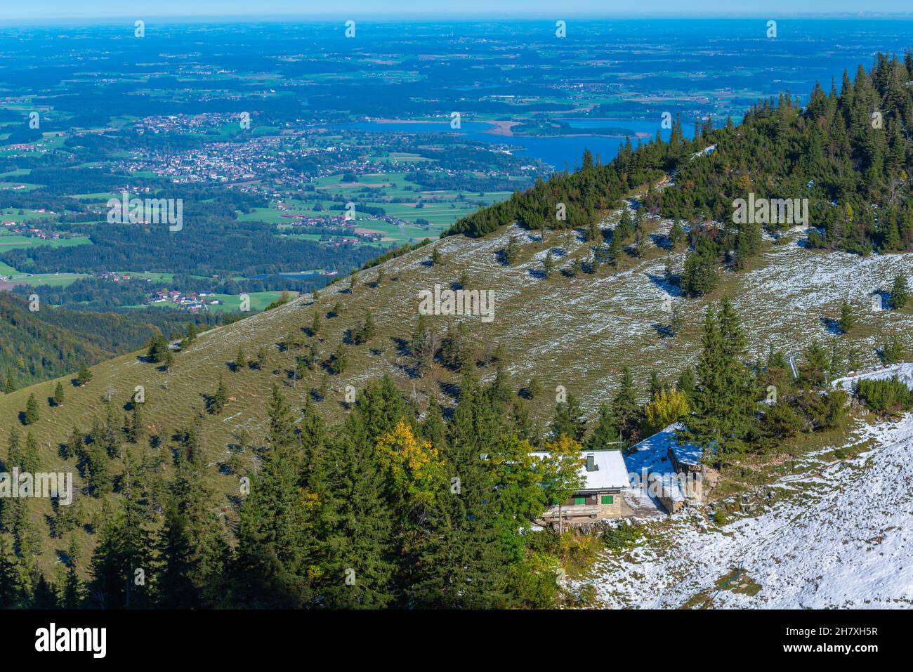 Alm hut near Kampenwand mountains at about  1500m asl with panoramic views, Aschau, Chiemgauer Alps, Upper Bavaria Southern Germany, Europe Stock Photo