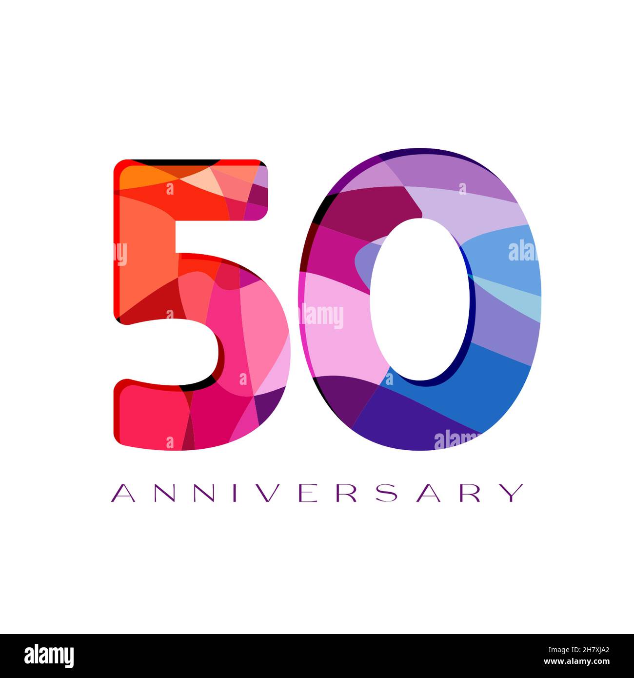 50th anniversary numbers. 50 years old logotype concept. Isolated abstract graphic design template. Creative bright 5 and 0 digits. Stained-glass digi Stock Vector