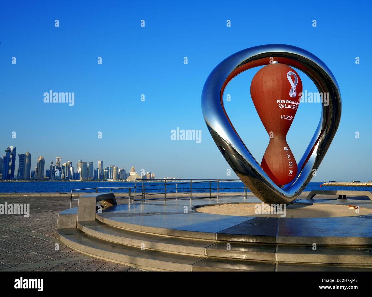The FIFA World Cup Qatar 2022™ Official Countdown Clock, powered by Hublot, was unveiled on Sunday 21 November at Dohas picturesque Corniche Fishing Stock Photo