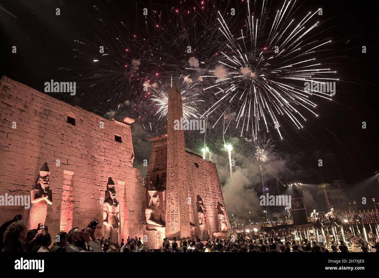 Luxor, Egypt. 25th Nov, 2021. Fireworks illuminate the sky during the grand reopening ceremony