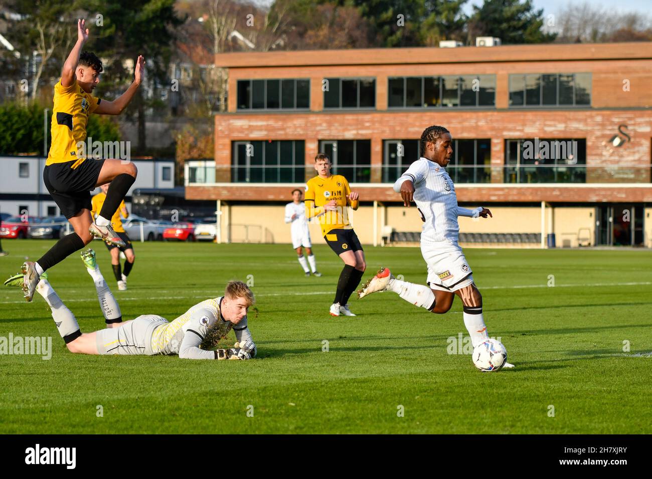 Swansea, UK. 25 November, 2021. Tarrelle Whittaker of Swansea City Under 23s in action during the Premier League Cup game between Swansea City Under 23s and Wolverhampton Wanderers Under 23s at the Swansea City Academy in Swansea, UK, UK on 25 November 2021. Credit: Duncan Thomas/Majestic Media. Credit: Majestic Media Ltd/Alamy Live News Stock Photo