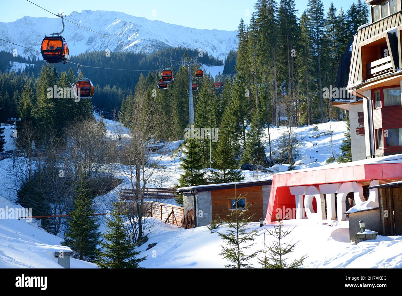JASNA, SLOVAKIA - JANUARY 22: The Grand wellness hotel and cableway in Jasna Low Tatras. It is the largest ski resort in Slovakia with 49 km of pistes Stock Photo