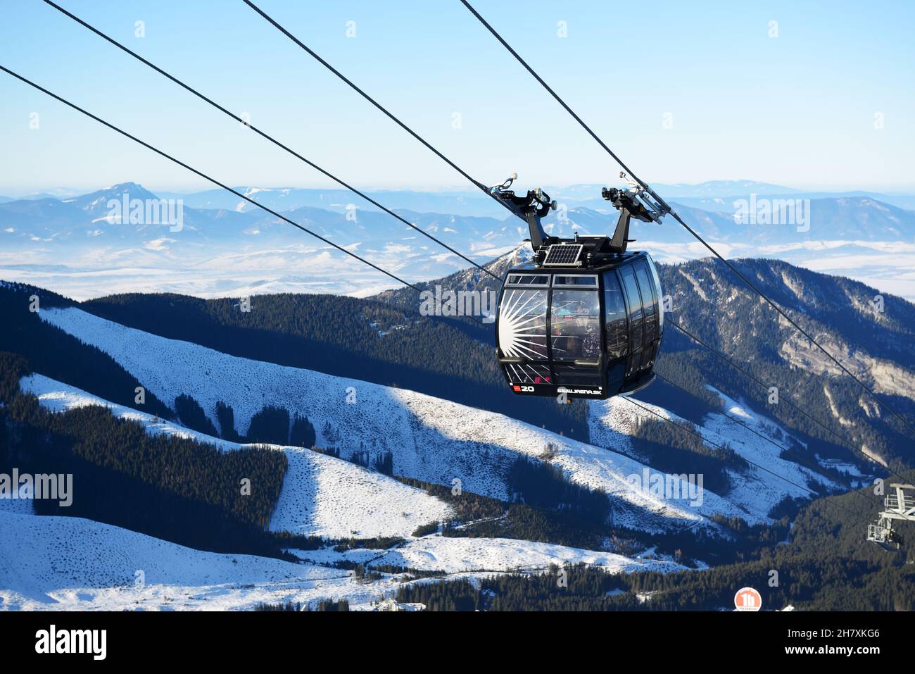 JASNA, SLOVAKIA - JANUARY 23:  The cabins of cableway on Chopok station in Jasna Low Tatras. It is the largest ski resort in Slovakia with 49 km of pi Stock Photo