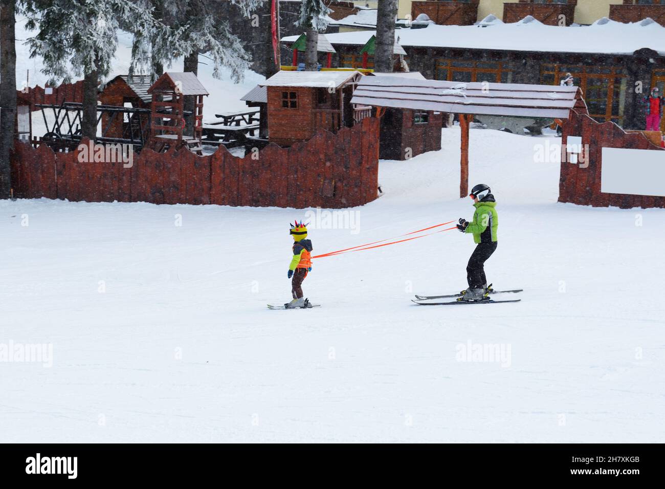 The training of young skier is on Biela Put slope in Jasna Low Tatras, Jasna, Slovakia Stock Photo