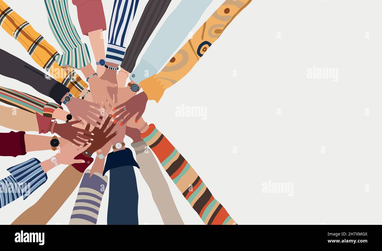 Group of hands on top of each other in a circle of people of diverse culture and race. Cooperation or agreements. Multiethnic colleagues or friends. Stock Vector