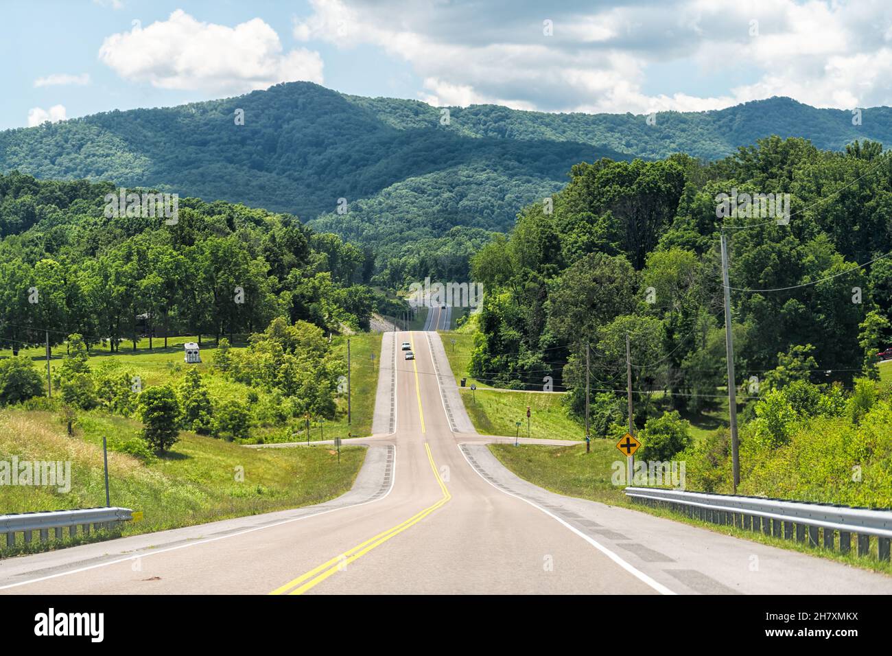 Highway road us19e street in Roan Mountain, Tennessee with view of