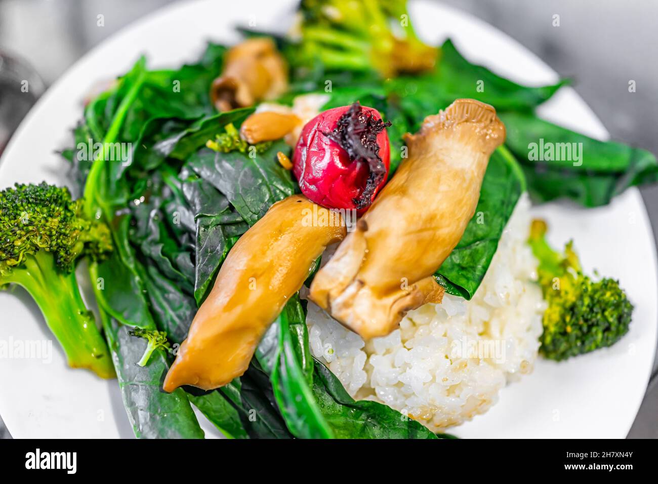 Traditional japanese vegetable dish meal food with cooked white rice