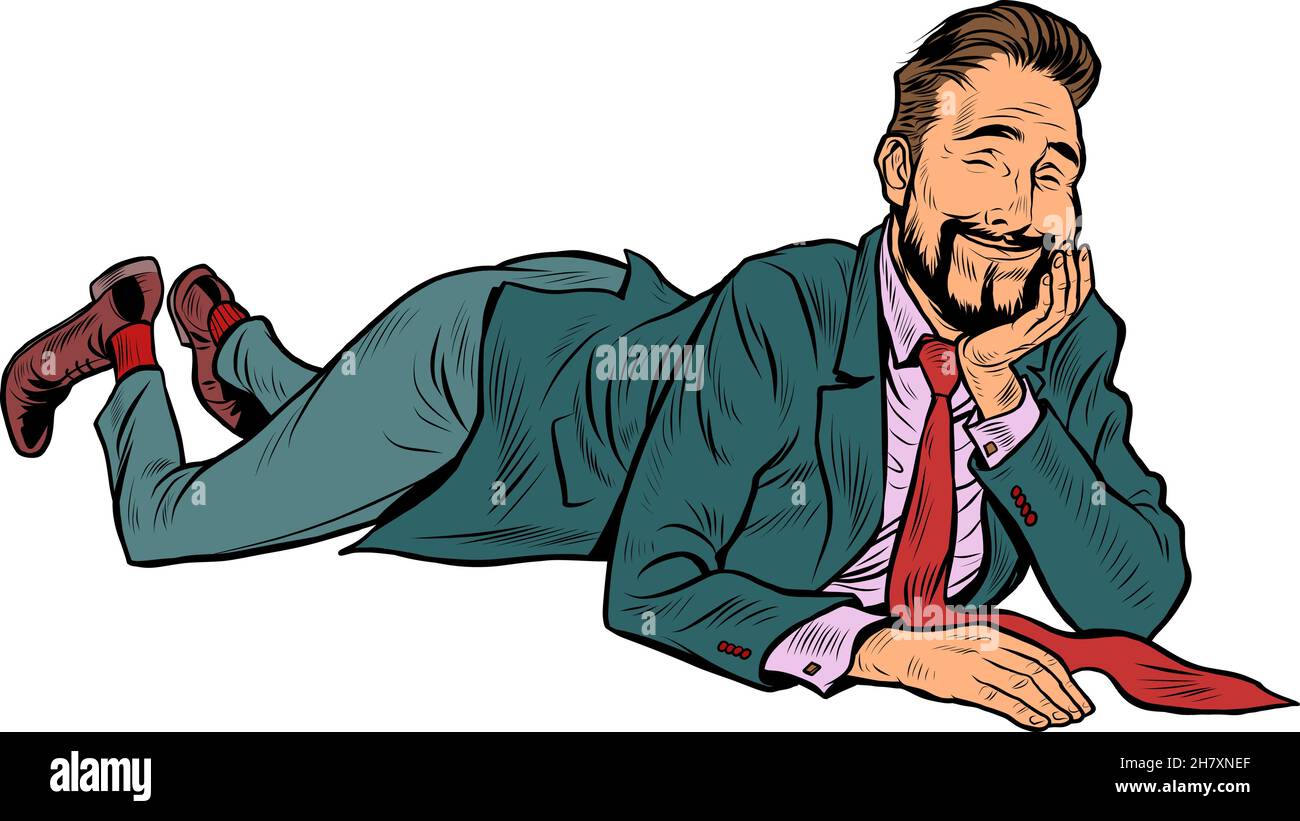 The joyful businessman is lying. Relaxed funny pose. Peace and relaxation Stock Vector